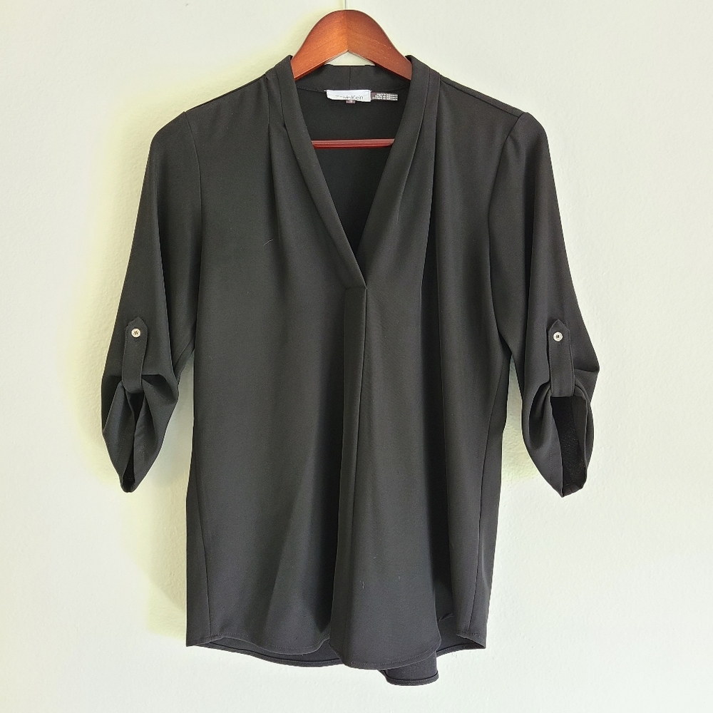 Calvin Klein Dustin Roll Sleeve Blouse, Black, XS